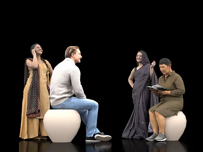 Group of Four People Talking Standing Sitting and Reading Book on White Seats Black Background 3d model