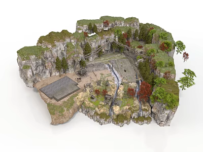 Natural Rocky Landscape Design With Cliffs Trees Stream Waterfall And Vegetation 3d model