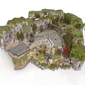 Natural Rocky Landscape Design With Cliffs Trees Stream Waterfall And Vegetation