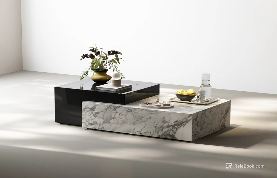 Modern Coffee Tables Black and Marble Design Featuring Flower Vase Books Lemon Bowl Coasters 3d model 