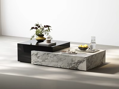 Modern Coffee Tables Black and Marble Design Featuring Flower Vase Books Lemon Bowl Coasters 3d model