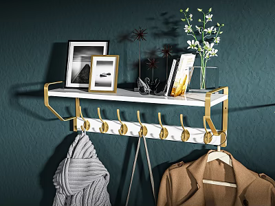 Modern Wall Mounted Coat Rack With Gold Hooks White Shelf Picture Frames And Flowers 3d model