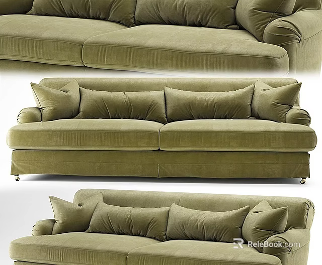Cozy Olive Green Velvet Sectional Sofa With Plush Cushions And Metal Legs 3d model 