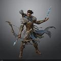 Man In Fantasy Warrior Outfit Holding Bow And Glowing Arrows With Cloak