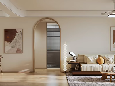Modern Open Concept Dining and Living Room With Beige Sofa Arched Doorway Wooden Flooring 3d model