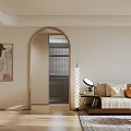Modern Open Concept Dining and Living Room With Beige Sofa Arched Doorway Wooden Flooring