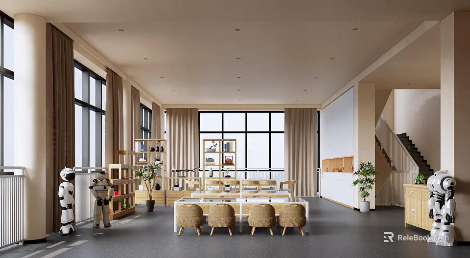 Bright Modern Kindergarten Interior Featuring Large Windows Bookshelves Toys Small Stools Plants And Staircase 3d model 