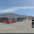 Solar Panel Covered Modern Parking Lot With Parked Cars Yellow Lines And People