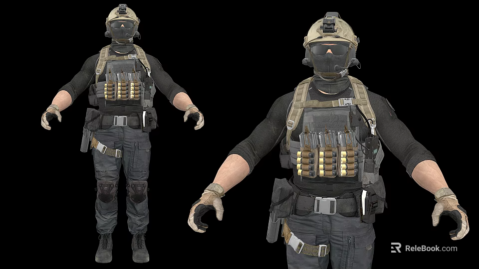 Tactical Special Forces Game Movie Character In Black Outfit With Helmet And Tactical Vest 3d model 