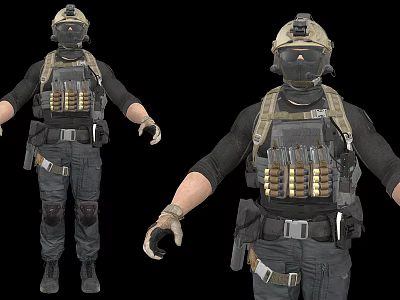Tactical Special Forces Game Movie Character In Black Outfit With Helmet And Tactical Vest 3d model