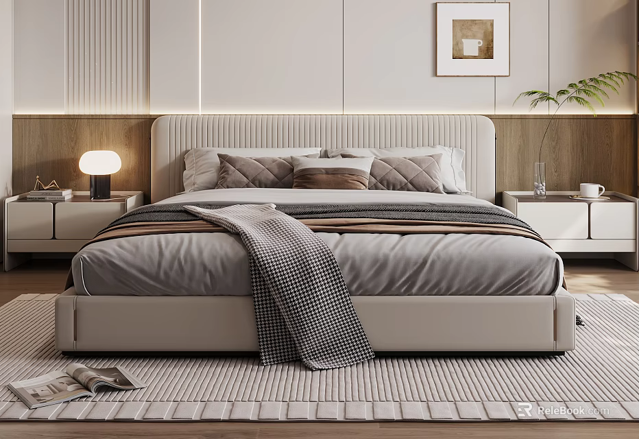 Elegant Modern Double Bed With Upholstered Headboard Pillows Textured Blanket Nightstand And Woven Rug 3d model 