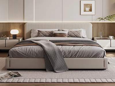 Elegant Modern Double Bed With Upholstered Headboard Pillows Textured Blanket Nightstand And Woven Rug 3d model