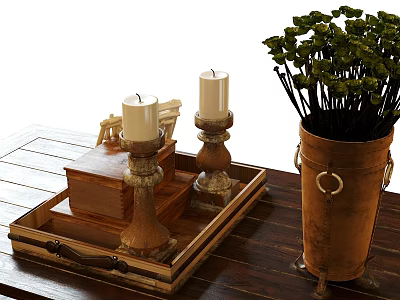 Decorative Ornament Set With Wooden Tray Vintage Candle Holders Brass Bucket And Green Plants 3d model