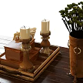 Decorative Ornament Set With Wooden Tray Vintage Candle Holders Brass Bucket And Green Plants