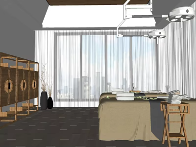 SPA Sauna Interior With Massage Bed Wooden Shelf And City View Through Large Windows 3d model