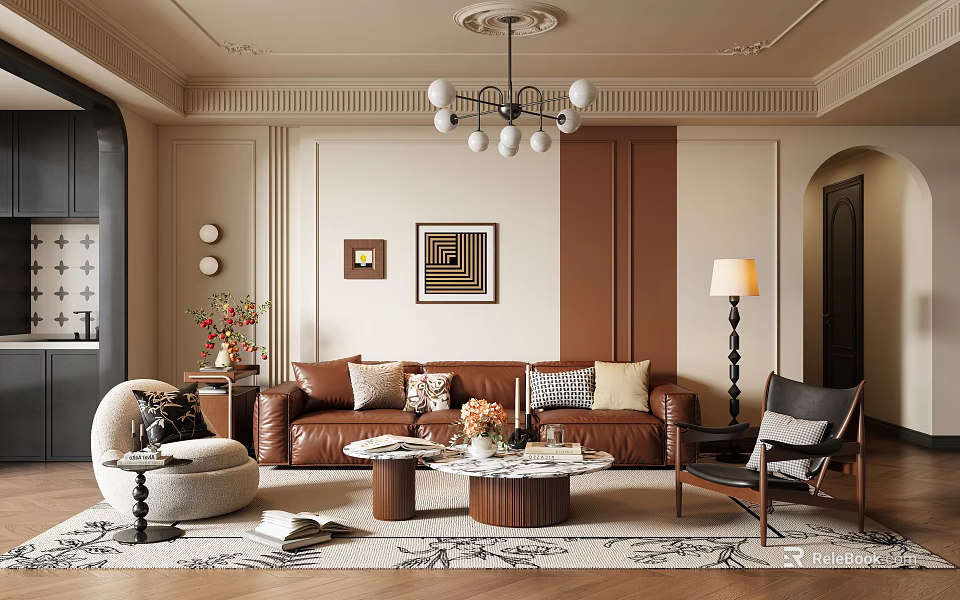 Modern Living Room Interior With Brown Leather Sofa Multiple Pillows And Marble Coffee Table 3d model 