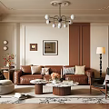 Modern Living Room Interior With Brown Leather Sofa Multiple Pillows And Marble Coffee Table