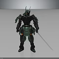 Futuristic Green Samurai Warrior in Mechanical Armor Holding Long Sword Standing Pose