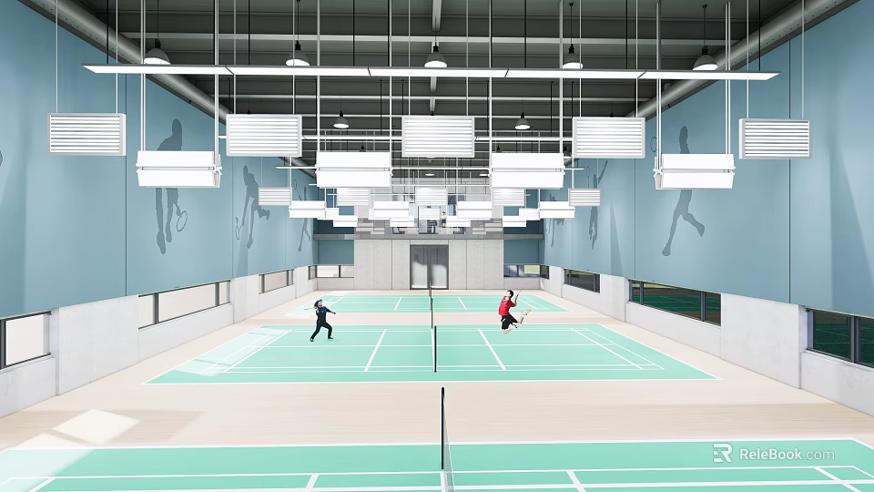 Indoor Badminton Court With Green Surface Two Players Playing Bright Lighting Blue Walls And Windows 3d model 