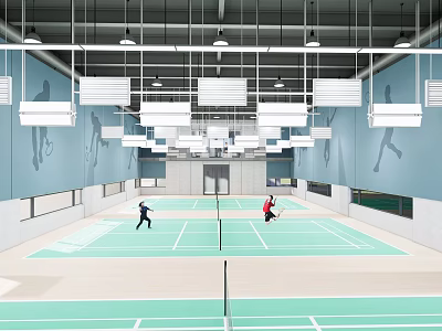 Indoor Badminton Court With Green Surface Two Players Playing Bright Lighting Blue Walls And Windows 3d model