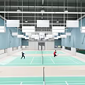 Indoor Badminton Court With Green Surface Two Players Playing Bright Lighting Blue Walls And Windows