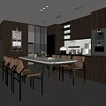 Modern Restaurant Interior Design With Dining Table Chairs Open Kitchen Dark Cabinets And Pendant Light