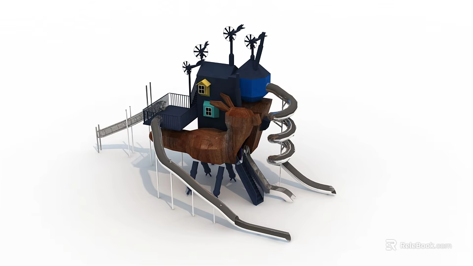 Colorful Outdoor Playground Equipment With Multiple Slides Climbing Structure And Playhouse Design 3d model 