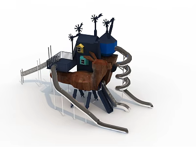 Colorful Outdoor Playground Equipment With Multiple Slides Climbing Structure And Playhouse Design 3d model