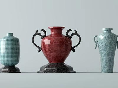 Decorative Ceramic Vases in Red and Blue with Double Handles and Textured Designs on Black Bases 3d model