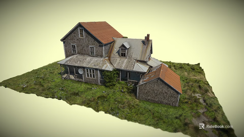 Stone House Model With Red And Gray Roof In Green Grass Surroundings 3d model 
