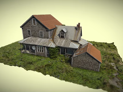 Stone House Model With Red And Gray Roof In Green Grass Surroundings 3d model