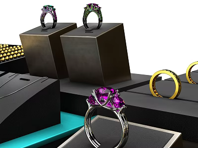 Elegant Jewelry Rings With Purple Gemstones And Golden Bands On Black Display Stands 3d model