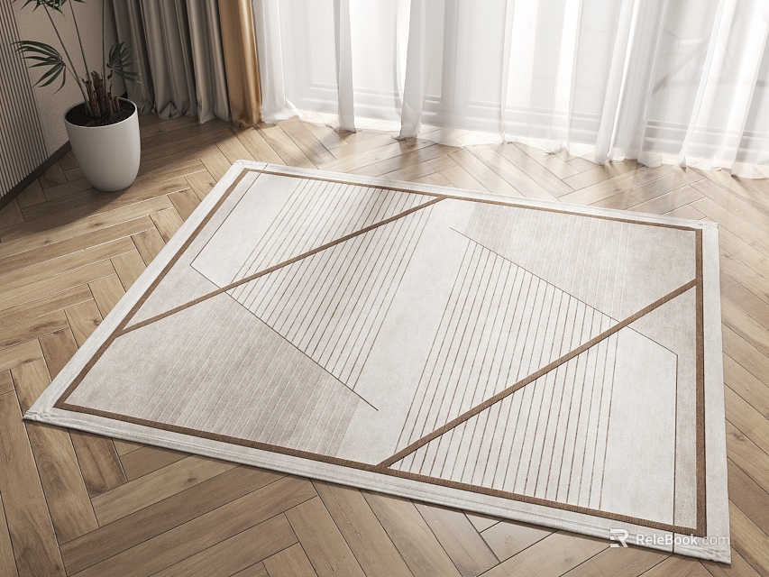 Geometric Pattern Square Rug on Wooden Floor with Curtains 3d model 