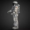 Man In Detailed White Astronaut Suit Standing Against Dark Background