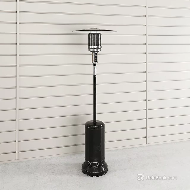 Black Standing Outdoor Heater With Metal Structure Against White Slatted Wall 3d model 