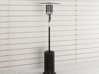 Black Standing Outdoor Heater With Metal Structure Against White Slatted Wall 3d model