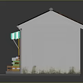 Cartoon Small Shop With Red Tile Roof Green White Striped Awning Doorway Bench And Signboard