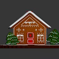 Festive Gingerbread House With Snowy Roof Red Door Snowflake Windows And Christmas Trees