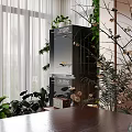 Modern Home Balcony Interior With Lush Green Plants And Wooden Storage Cabinets