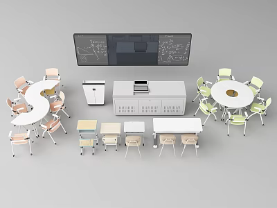 Modern Office Desks With S Shaped Round Tables Cabinets And Big Screen 3d model