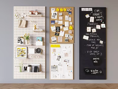 Photo Wall Featuring White Pegboard Corkboard Black Chalkboard With Notes Photos Plants And Handwritten Decor 3d model
