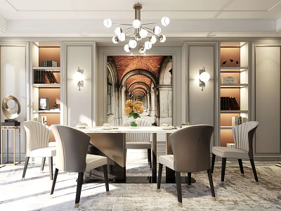 Elegant Dining Table Set With Chandelier Mural And Built In Bookshelves 3d model