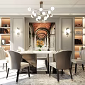 Elegant Dining Table Set With Chandelier Mural And Built In Bookshelves