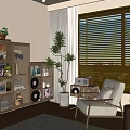 Cozy Study Room Interior With Wooden Bookshelf Potted Plants Beige Armchair And Wooden Blinds