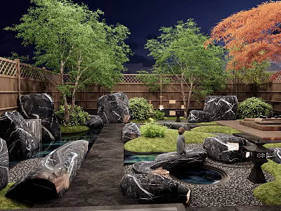 Natural Courtyard Garden Design With Rocks Trees Wooden Fence And Stone Pathway 3d model