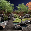 Natural Courtyard Garden Design With Rocks Trees Wooden Fence And Stone Pathway