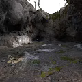 Cave Interior With Rocky Walls Waterfall Spider Webs And Green Moss