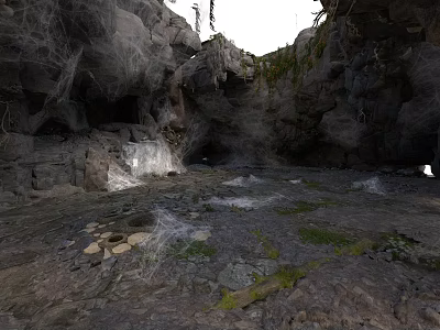 Cave Interior With Rocky Walls Waterfall Spider Webs And Green Moss 3d model