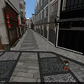 Traditional Commercial Street With Stone Paved Path Red Lanterns And Storefronts
