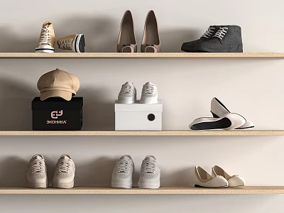 Various Shoes On Wooden Shelves Featuring Sneakers High Heels Ankle Boots And Accessories 3d model